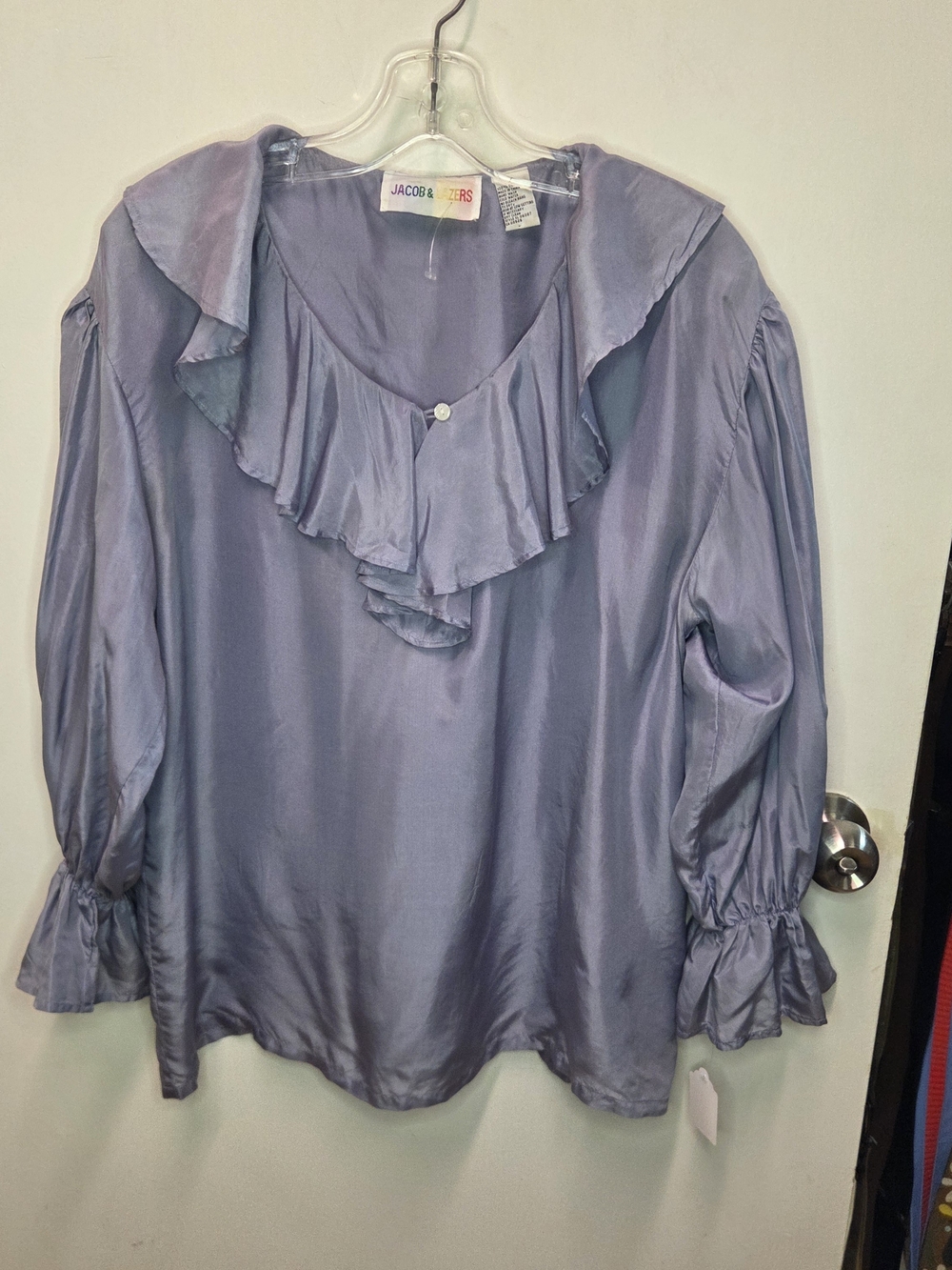Vintage 90s Jacob & Lazers Periwinkle Ruffle Pirate Blouse Satin L/XL